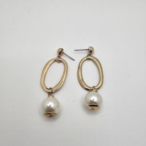 Womens Fashion Jewelry Circle & Baroque Dangle Faux Pearl Earrings Gold Tone